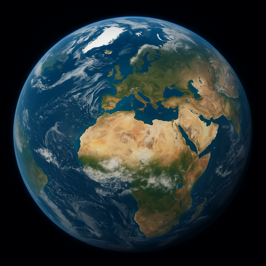 Satellite image of Earth from space showing Europe, Africa, and parts of Asia with no visible political borders. Borderless Thinking