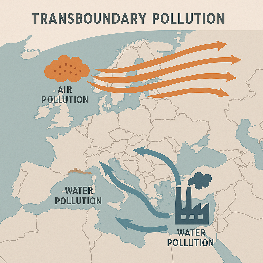 Illustrated map of Europe and surrounding regions showing arrows representing transboundary air and water pollution spreading across national borders, with labeled icons and directional flows.