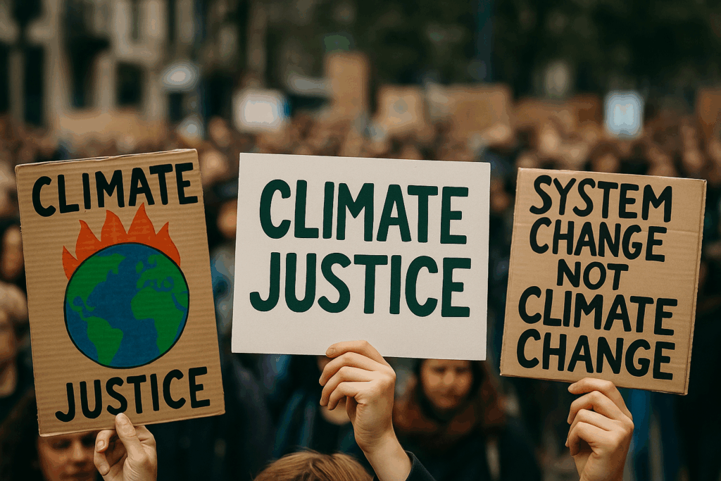 Three protest signs held at a climate justice rally: one says “CLIMATE JUSTICE” with a drawing of the Earth, another reads “CLIMATE JUSTICE” in bold green letters, and the third says “SYSTEM CHANGE NOT CLIMATE CHANGE” against a blurred background of a marching crowd.