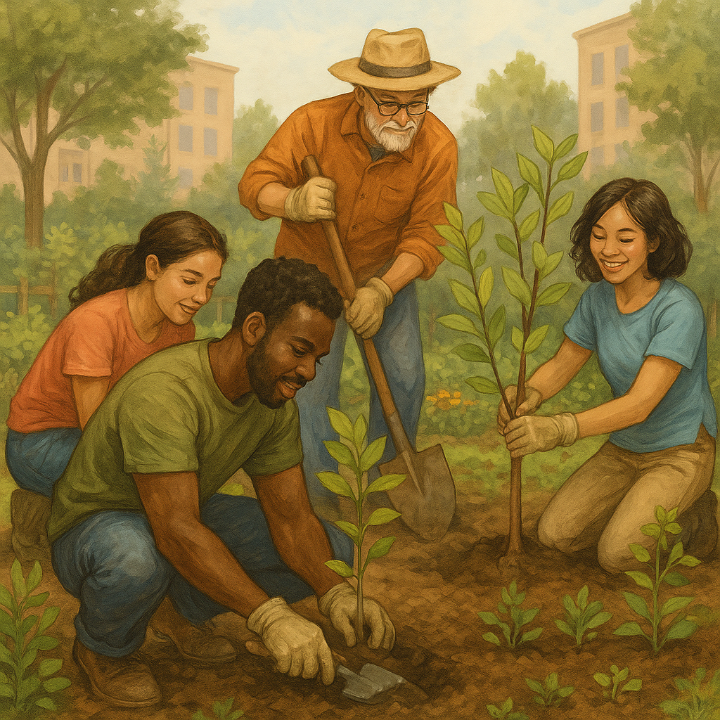 Community members replanting native trees to restore local ecosystems.