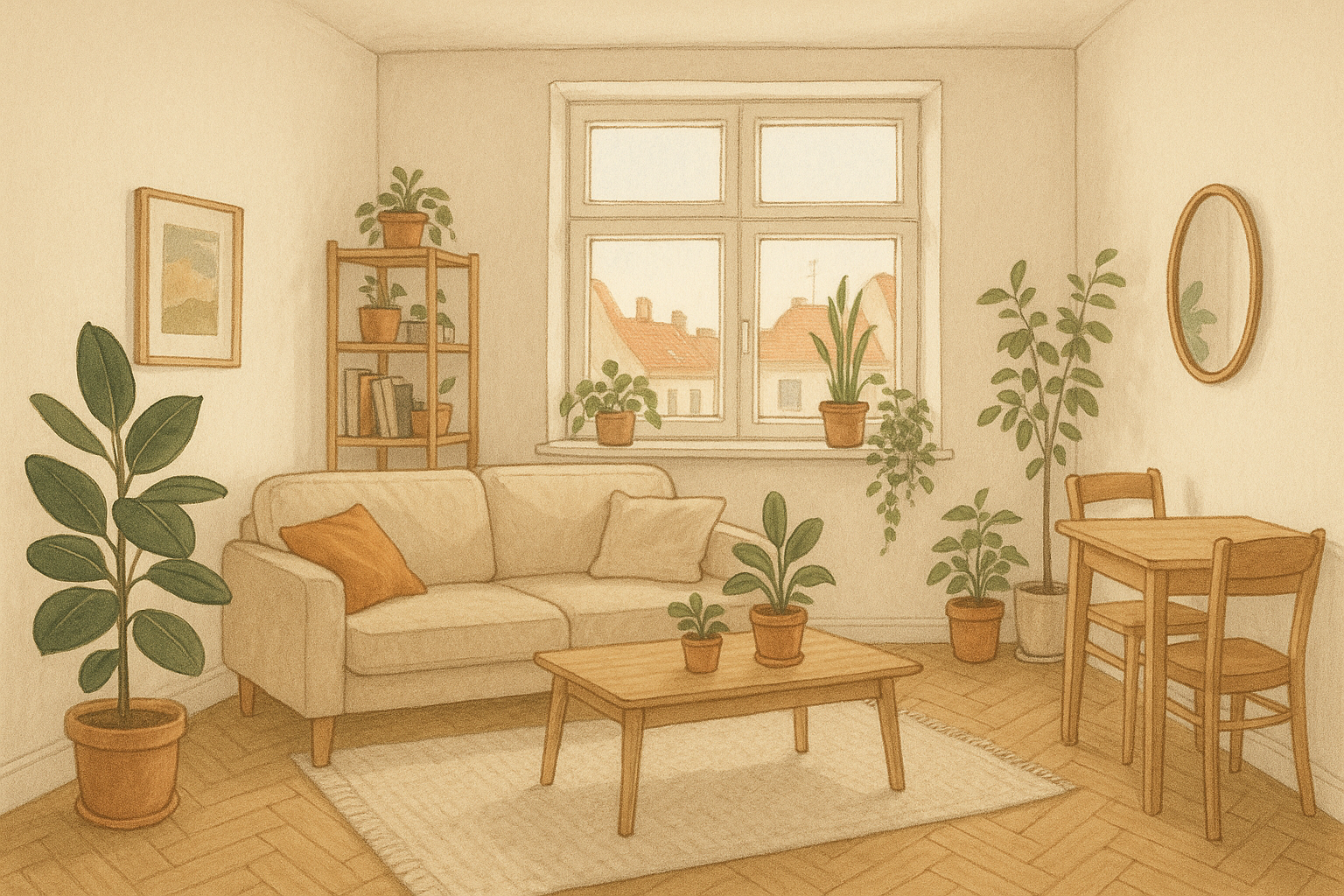 Minimalist living room with natural light, wooden furniture, and an abundance of houseplants.