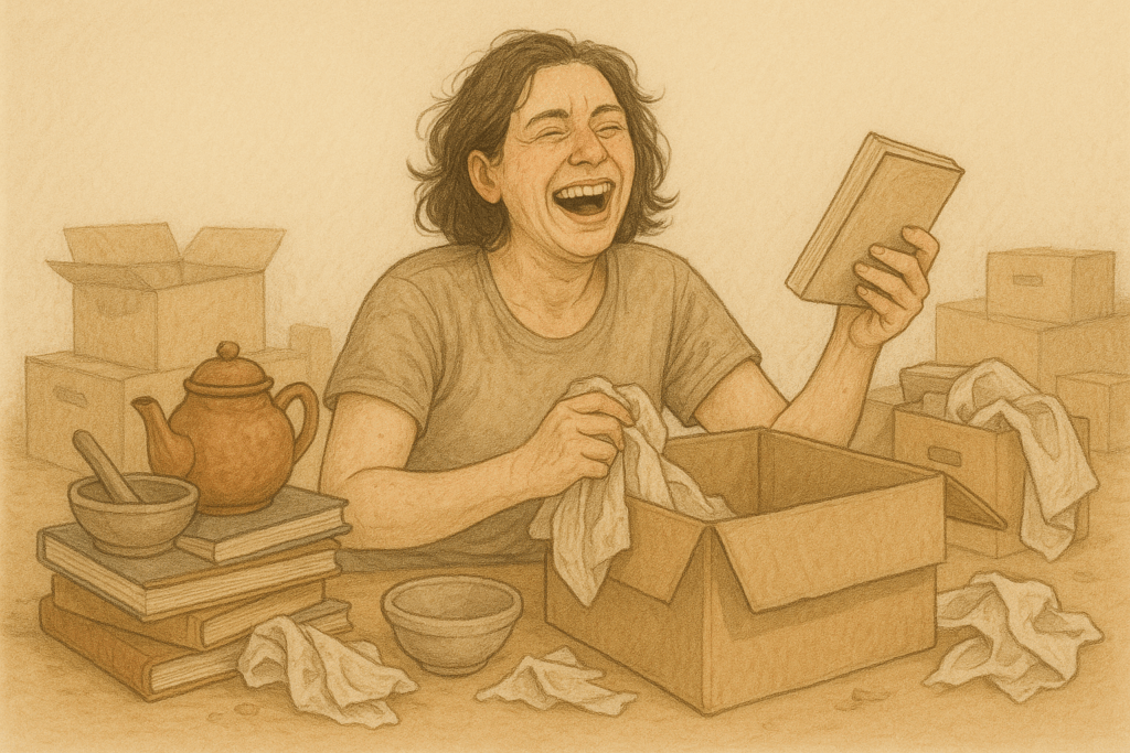 Laughing woman sorting through boxes in a warm-toned room.