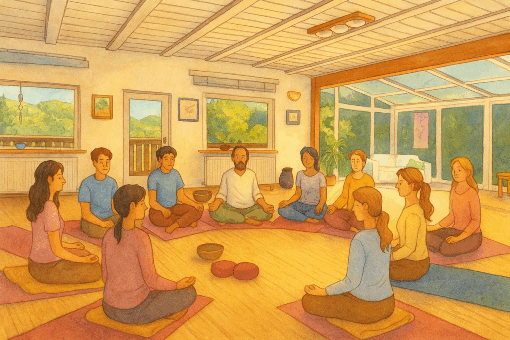 Illustration of a meditation group sitting in silence inside a light-filled retreat hall, evoking calm and mindfulness.