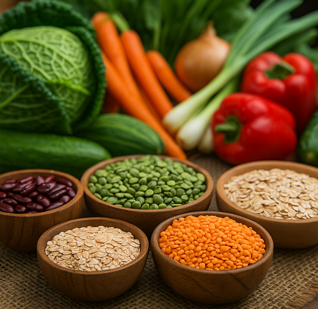 Variety of grains and legumes in wooden bowls surrounded by fresh vegetables: eating for the environment