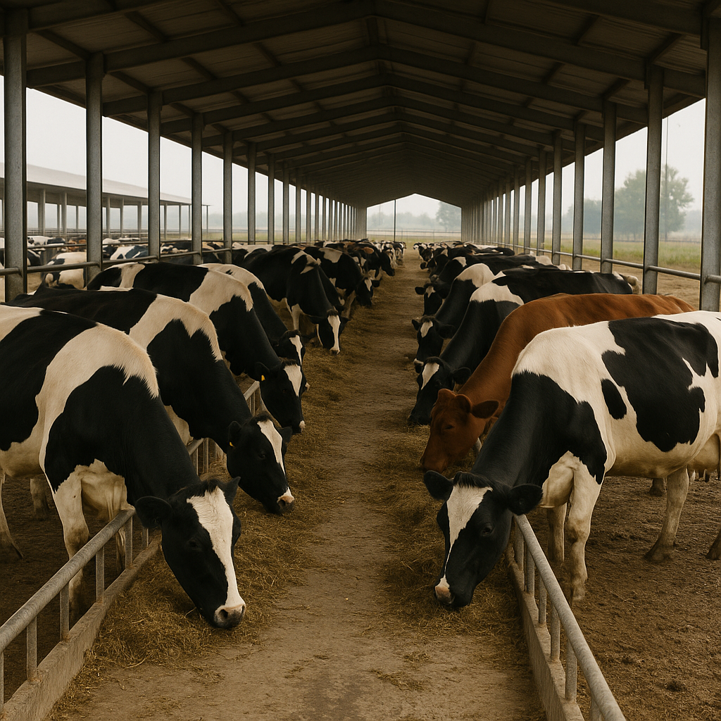 Dairy cows feeding inside a large open-air barn at a cattle farm.