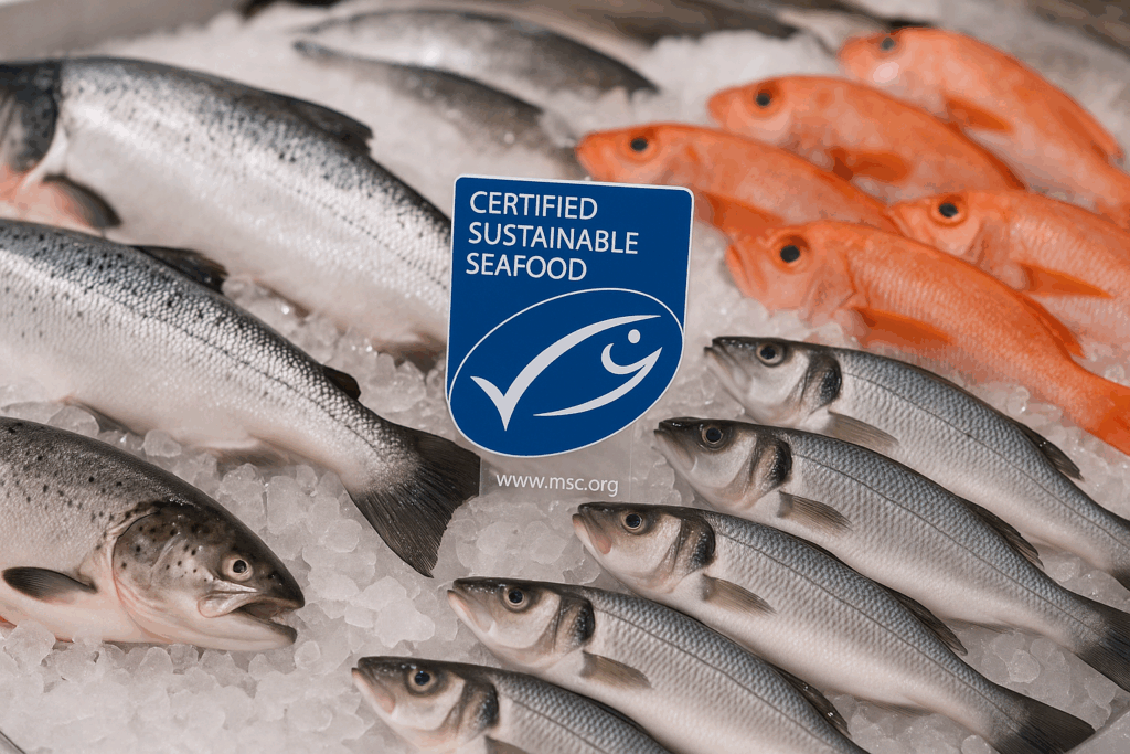 Fresh fish on ice at a seafood market with a visible MSC-certified sustainability label.
