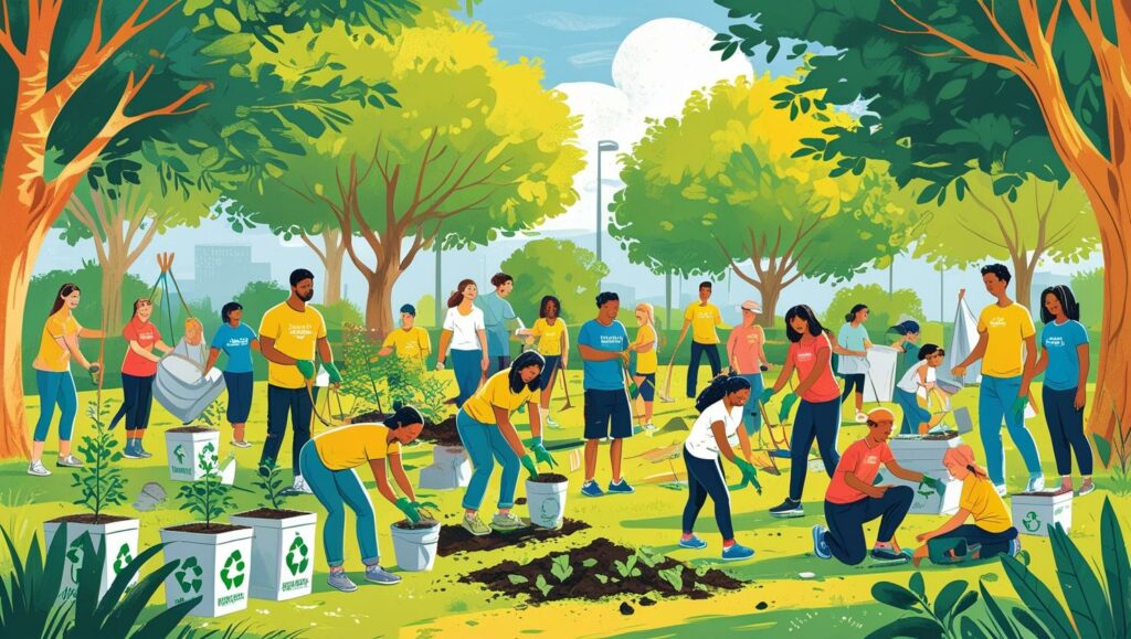 Group of people gathered in a park, engaging in eco-friendly activities like planting trees and playing.