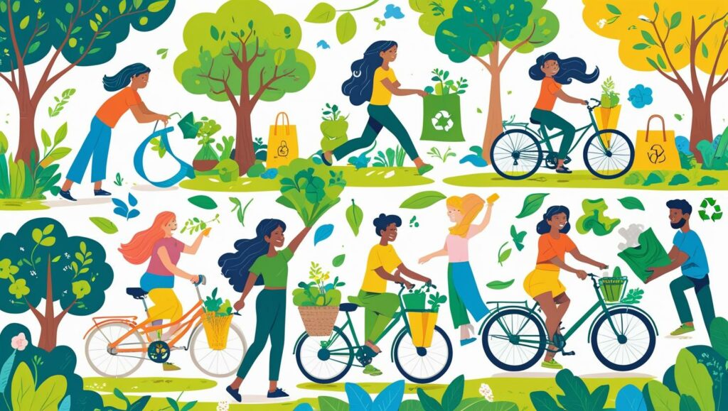 Whimsical illustration of people biking, recycling, gardening, and practicing other sustainable habits.