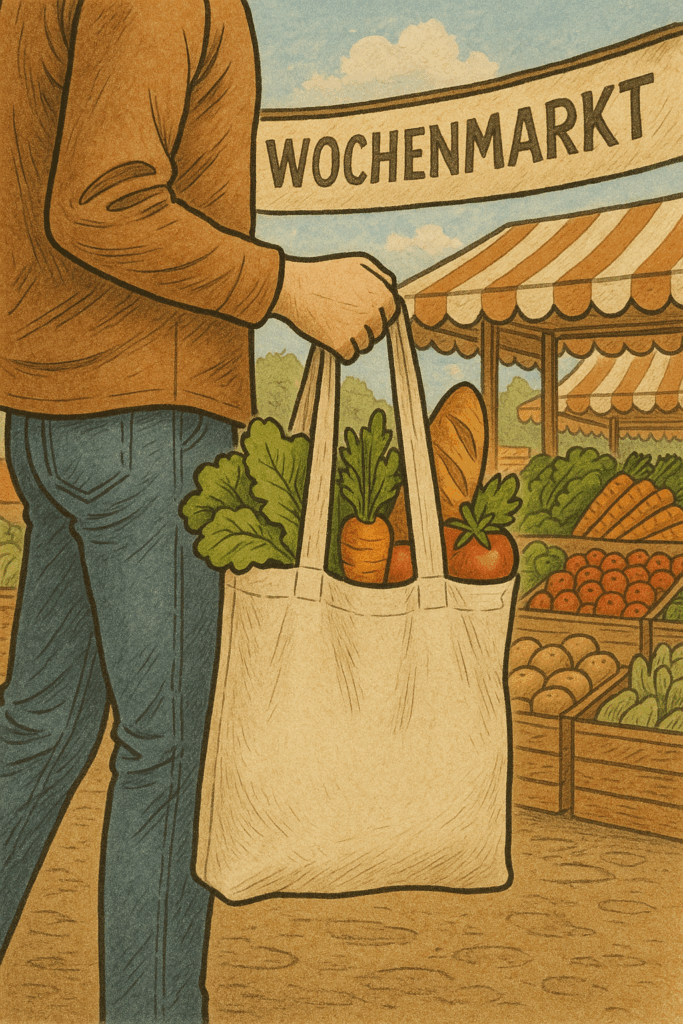 Close-up of a person holding a reusable bag filled with fresh produce at an outdoor farmers' market.