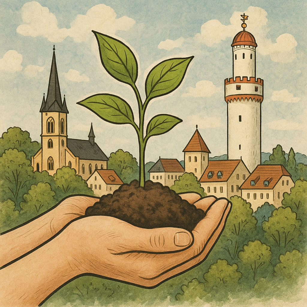 Hands cupping a small plant sprouting from soil, with a quaint German castle and church towers in the background.