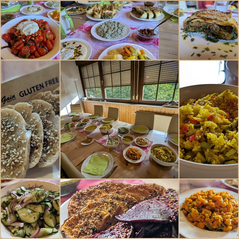 Colorful vegan meals arranged on a long wooden table at Gaia Retreat House, showcasing vibrant, plant-based dishes.