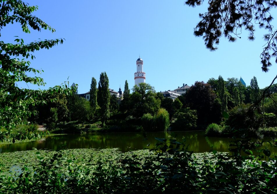 Aug pic resized Bad Homburg Castle in August with warm late-summer light, Weißer Turm and lush Kurpark trees, photographed from the same vantage point