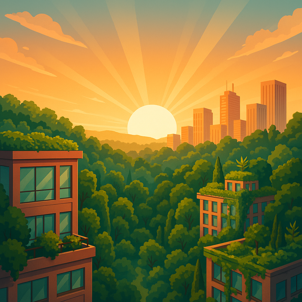 Sunrise illuminating a rewilded cityscape where modern buildings blend with nature - featuring green roofs, rooftop gardens, and trees interwoven with urban structures.