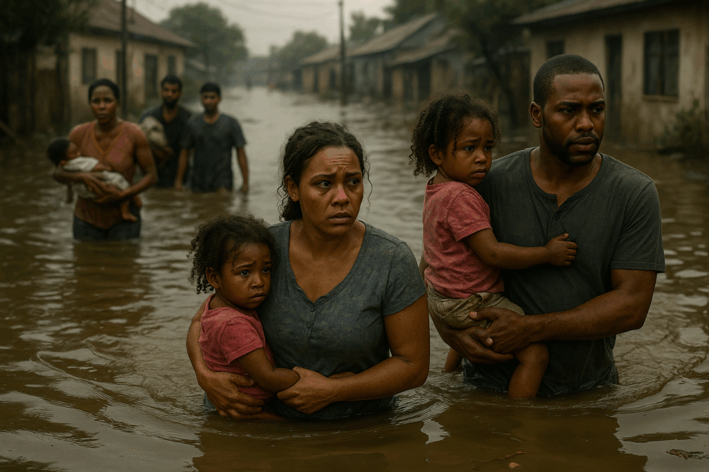 A distressed family wades through chest-high floodwaters in a submerged neighborhood, holding children tightly as they navigate the flooded street surrounded by submerged homes. Environment.