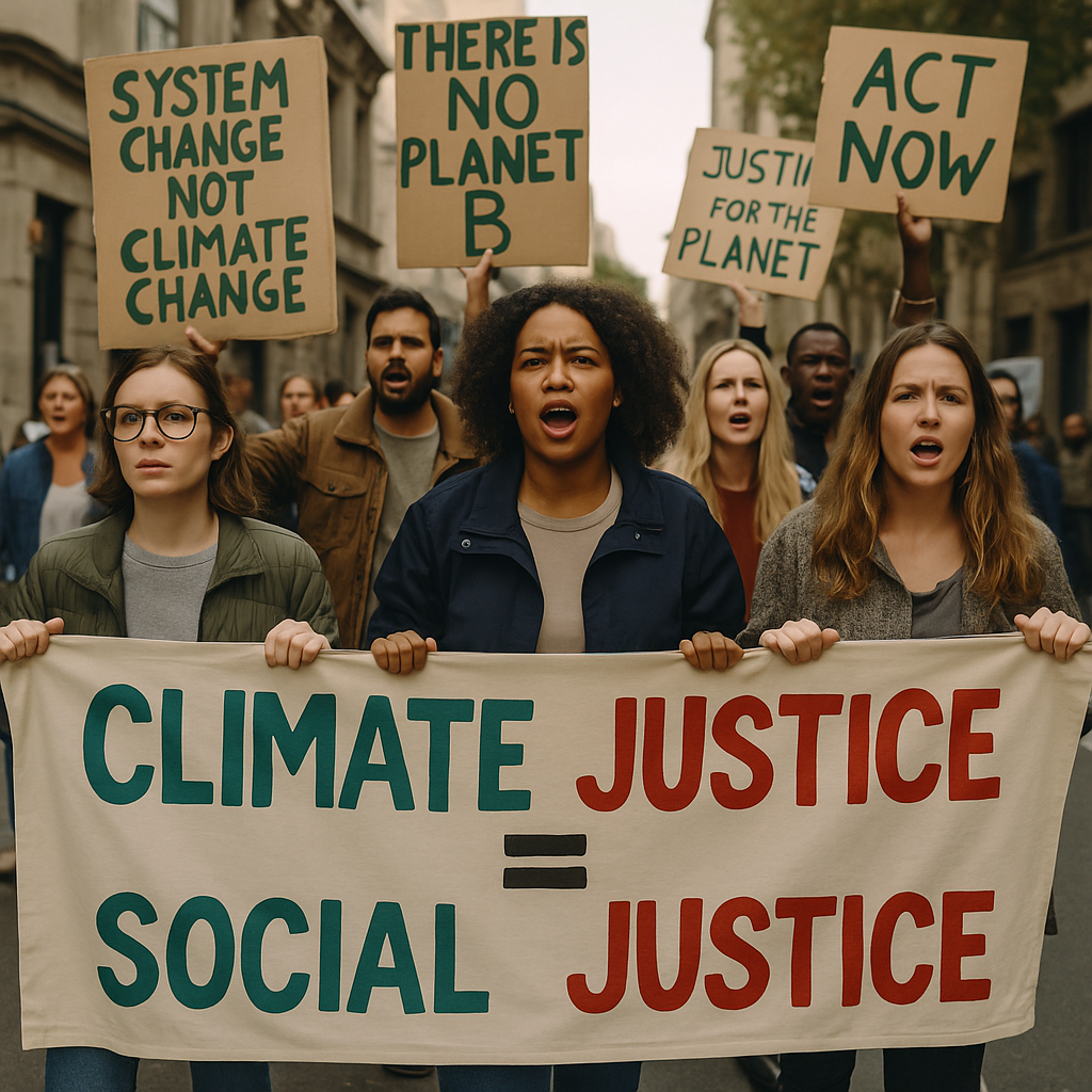 A diverse group of protesters march down a city street holding signs, including a large banner that reads “CLIMATE JUSTICE = SOCIAL JUSTICE,” demanding climate action and equality.