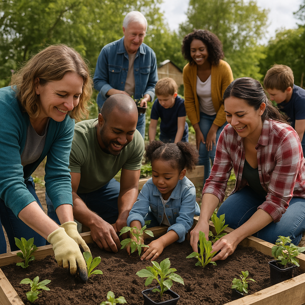 A multicultural group of adults and children gather around raised garden beds, smiling and planting young plants together in a vibrant outdoor community garden setting.