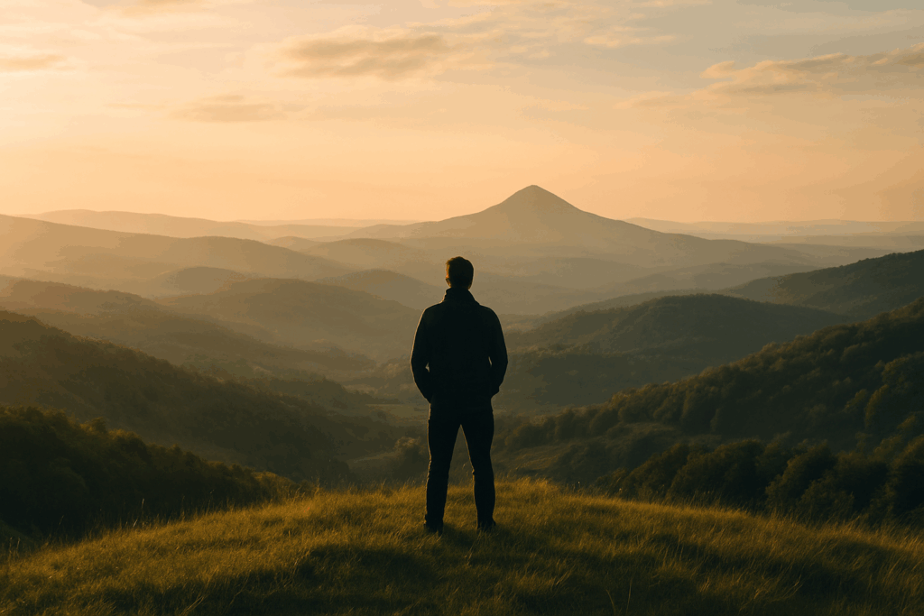 A person standing on a hill overlooking landscape — metaphor for vision.