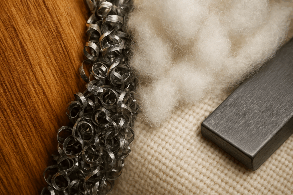 A macro shot of raw materials (woodgrain, metal shavings, cotton fibres) blending into finished goods.