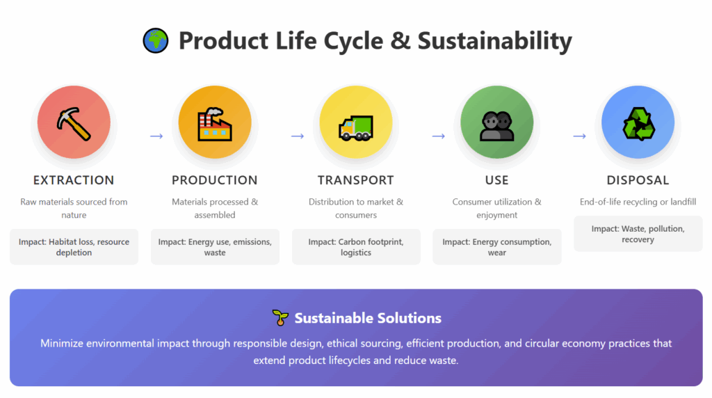 Infographic showing the five stages of the product life cycle with sustainability implications.
