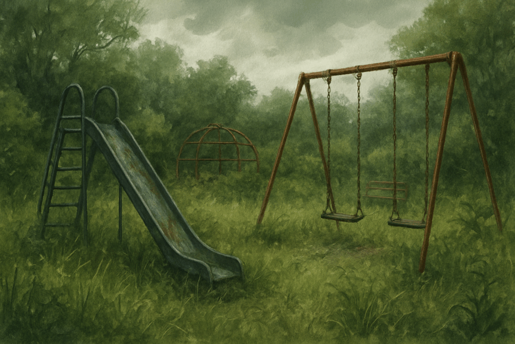 Empty playground, overgrown, neglected