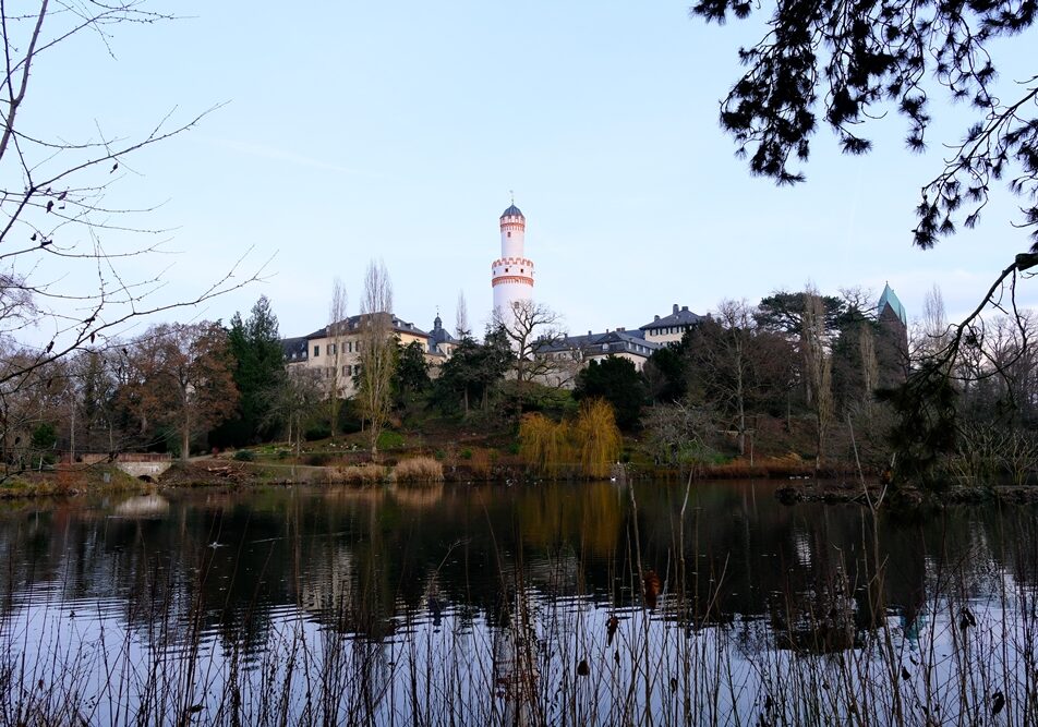 A tranquil December landscape featuring a historic castle tower overlooking a calm lake, surrounded by bare winter trees and soft seasonal light.